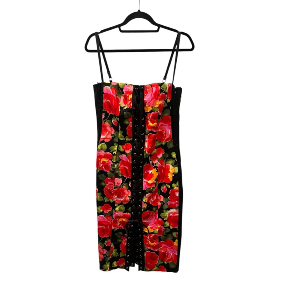 Tadashi Shoji Vintage 90's Floral Lace Up Strapless Dress Size 12 Zipper Red